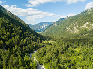 Aerial view of Logar valley (Logarska dolina) Kamnik Savinja Alps, Slovenia, Europe © Petr Bonek