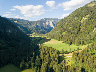 Fototapeta na wymiar Aerial view of Logar valley (Logarska dolina) Kamnik Savinja Alps, Slovenia, Europe