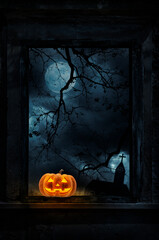 Jack O Lantern pumpkin on old damaged wood window with wall over cross, church, birds, dead tree...