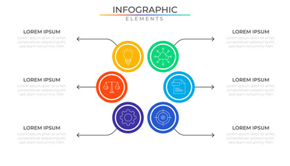 Workflow circular infographic elements concept design vector with icons. Six steps annual network project template for presentation and report.