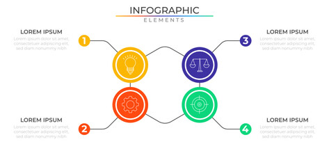 Four steps workflow infographic elements concept design vector with icons. Business network project template for presentation and report.