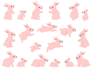 ピンク色のウサギの親子のイラストセット