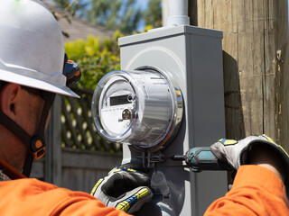 Power lineman installing a new electrical house meter