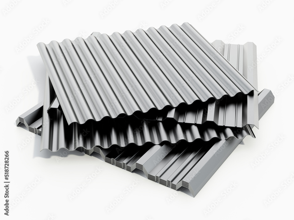 Wall mural corrugated metal sheets isolated on white background. 3d illustration