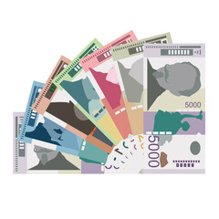 Serbian Dinar Vector Illustration. Serbia, Kosovo money set bundle banknotes. Paper money 100, 200, 500, 1000, 2000, 5000 RSD. Flat style. Isolated on white background. Simple minimal design.