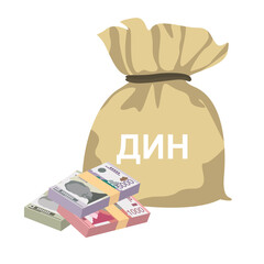 Serbian Dinar Vector Illustration. Serbia, Kosovo money set bundle banknotes. Money bag 1000, 2000, 5000 RSD. Flat style. Isolated on white background. Simple minimal design.
