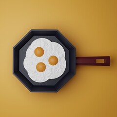 Three fried eggs on pan. Low poly 3d illustration.
