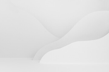 Trendy simple abstract scene mockup with abstract landscape - mountains soft light white, grey color. Modern minimal background for advertising, design, presentation of cosmetic, poster, flyer, card.