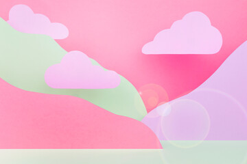 Cute abstract stage mockup with paper landscape - clouds, mountains pink, lilac, white color,...