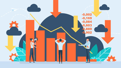 Business on falling down chart. Stock market crash. Investor lost money. A man is holding his head. Index graph falls down. Broader market fall. Economic and financial crisis. Flat illustration