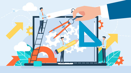 Software architecture abstract metaphor. IT Programming Support. Tiny characters working on web development on laptop. Software developers. Workplace of the programmer. Flat illustration
