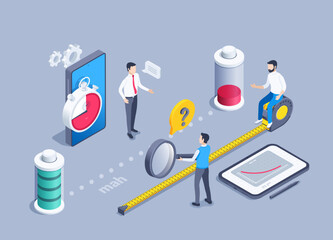 isometric vector illustration on a gray background, people near batteries and a smartphone with a tablet, a man with a magnifying glass and a question mark in a text bubble, battery life