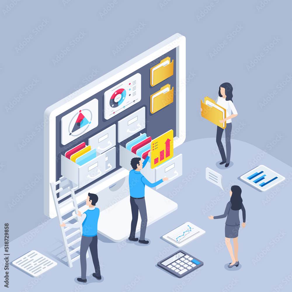 Poster isometric vector illustration on a gray background, people work with data on a computer screen, work