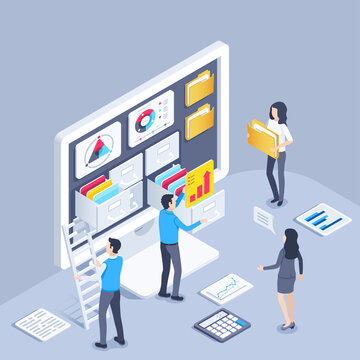 Isometric Vector Illustration On A Gray Background, People Work With Data On A Computer Screen, Work With Archive