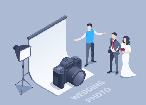 isometric vector illustration on a black background, a photographer next to a banner and a camera invites a wedding couple to a photo shoot, studio professional photo