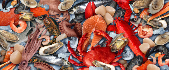 Fototapeta na wymiar Seafood background or fish and shellfish healthy food as a group of fresh oysters scallops and lobster with shrimp and crab as a diet symbol for eating food from the ocean as natural food.