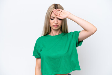 Pretty blonde woman isolated on white background with tired and sick expression