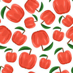 Summer seamless pattern with red apple and leaf in cartoon style