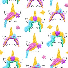 Cute seamless pattern for girls with unicorn face and flowers