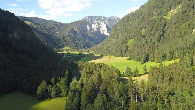 Aerial view of Logar valley (Logarska dolina) Kamnik Savinja Alps, Slovenia, Europe