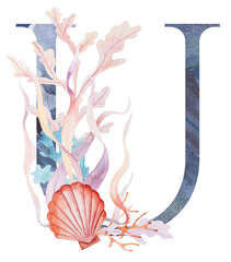 Blue capital letter U decorated with watercolor seaweeds, corals and seashells illustration.
