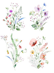 Bouquets made of watercolor wildflowers and leaves, wedding and greeting illustration - obrazy, fototapety, plakaty