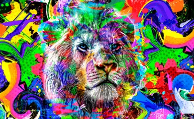 Tuinposter Lion head with colorful creative abstract element on white background © reznik_val