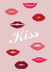 Girls lips. Female kisses. Red lipstick. Smiling mouth shapes. Makeup imprint. Woman beauty cosmetics. Sensual face parts. Romance and passion. Bright lipgloss. Vector pink glamour card