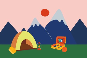 Camping in mountains. Adventure hiking tourism. Touristic tent and suitcase luggage. Rocky landscape. Day scenery campground. Travel in nature. Vector empty campsite panorama background