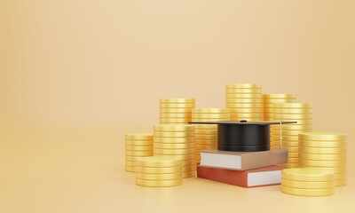 3d Rendering. degree cap on stack of coins. Image use for saving money for study, accumulate money for the future.