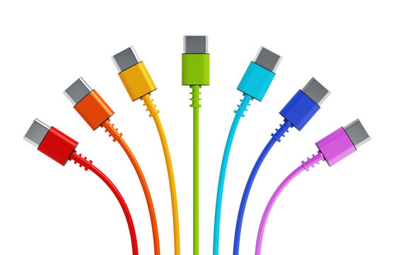 Colorful type C usb cables isolated on white background. 3D illustration