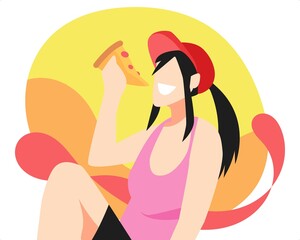 illustration of girl in hat eating pizza. isolated yellow, orange and red background. suitable for the theme of eating, hungry, fast food, fat, delicious, etc. flat vector style