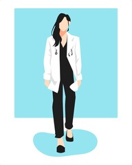 female doctor in lab coat is walking. front look. concept of doctor, profession, hospital, health, character etc. flat vector illustration