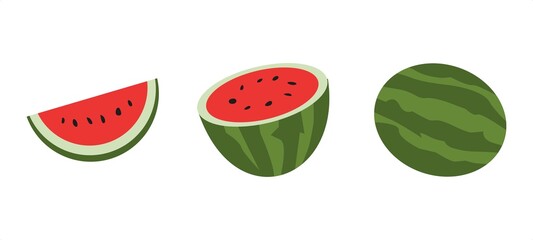watermelon icon set. cut watermelon, whole watermelon. suitable for the theme of fruit, food, juice, plants, health, nature, etc., flat vector style.