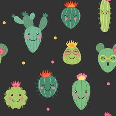 Cute cactus pattern. Summer flower print with plants, bright peru succulent and ficus exotic desert floral background. Decor textile, wrapping paper. Childish vector illustration template