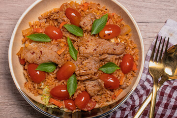 Fried rice with pork with chili paste. Thai spicy food.