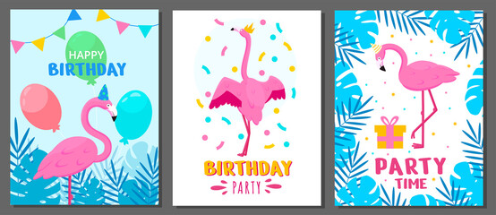 Fototapeta na wymiar Flamingo birthday card. Happy baby party with cute cartoon print, summer congratulation design background. Tropical cute pink birds and palm leaves, flat style elements. Vector poster set