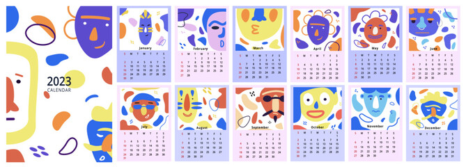 2023 abstract face calendar. Art and funny beauty shapes with days and weeks, fashion concept with female and male doodle characters posters. Starts on Sunday. Vector background template