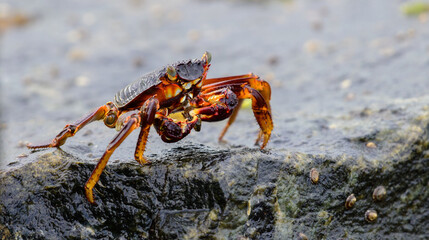 Isolated Grapsus Albolineatus crab on a wet lava rock on the sea shore close-up photo.