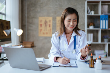 Doctor is remote or video call for explaining on the medicine to patient via laptop.