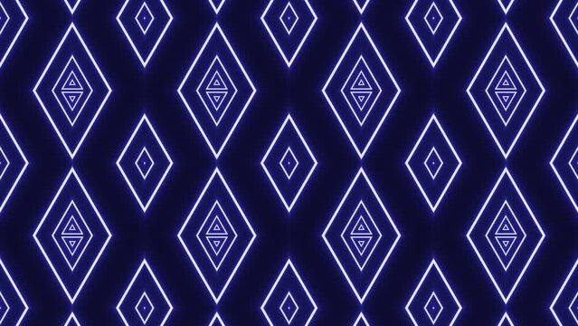 Abstract symmetrical mosaic with neon glowing lines. Modern vj loop party background. Bright neon glowing geometric pattern in futuristic design