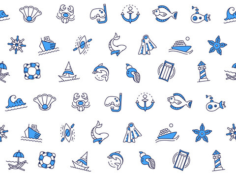 Sea and ocean pattern. Summer vacation. Water wave and sailing icons. Helm blue symbols. Cruise ship anchor. Submarine and yacht. Aquatic animals. Vector marine seamless background