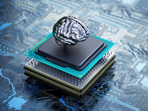 Chrome brain on the CPU installed on the mainboard. 3D illustration