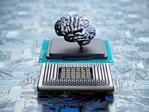 Chrome brain on the CPU installed on the mainboard. 3D illustration
