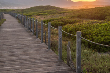 Fototapeta na wymiar Sunrise view of a wooden walkway on the dunes of a beach