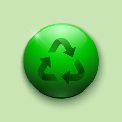 Realistic glossy button with recycle icon. 3d vector element of green color with shadow underneath. Best for mobile apps, UI and web design. EPS 10.