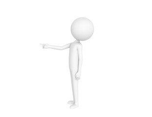 Stick Man character pointing index finger to the left in 3d rendering.