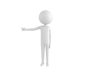 Stick Man character pointing his finger to the left in 3d rendering.