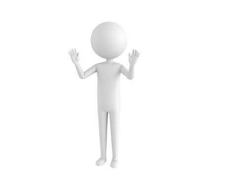 Stick Man character raising hands and showing palms in surrender gesture in 3d rendering.