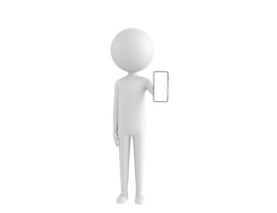 Stick Man character showing his phone in 3d rendering.